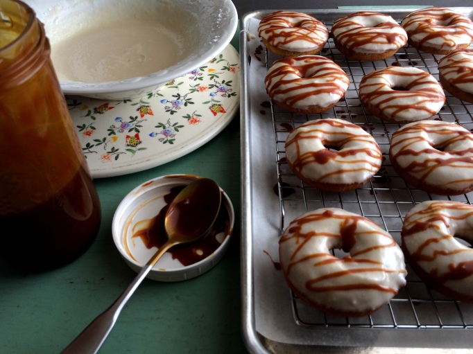 Glazed pear donuts with salted caramel drizzle