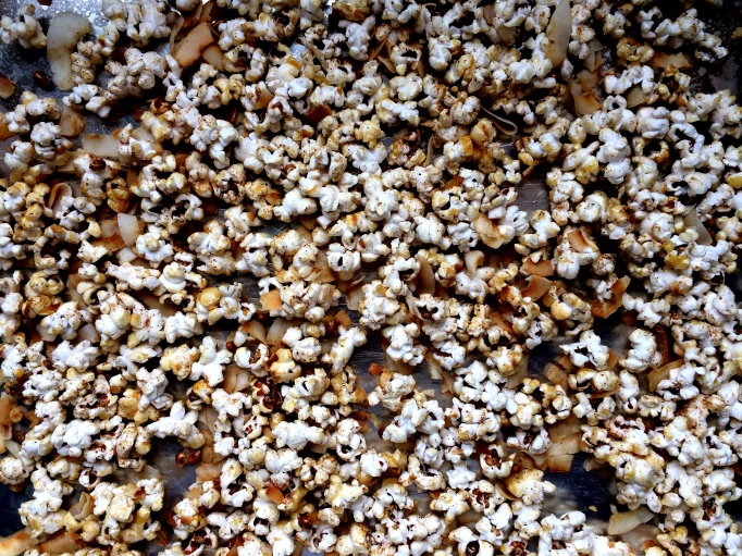 Indian-spiced kettle corn with coconut flakes