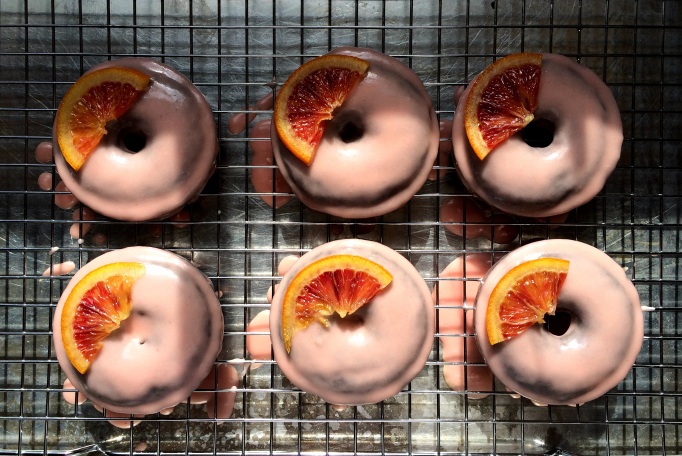 Baked Chocolate-Espresso Donuts with Blood Orange Glaze & Candied Blood Oranges